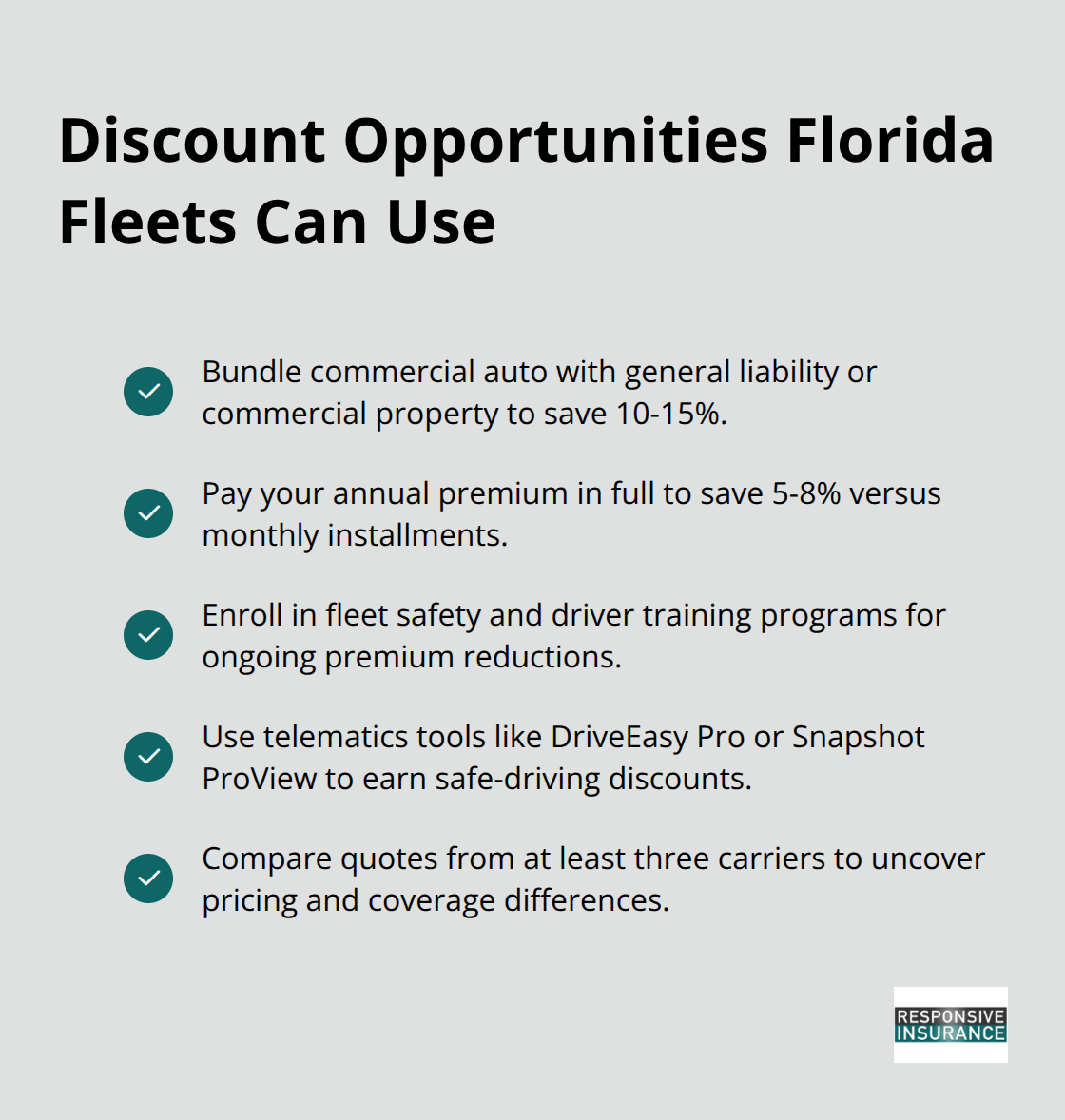 Checklist of common commercial auto insurance discounts and savings ranges for Florida fleets.