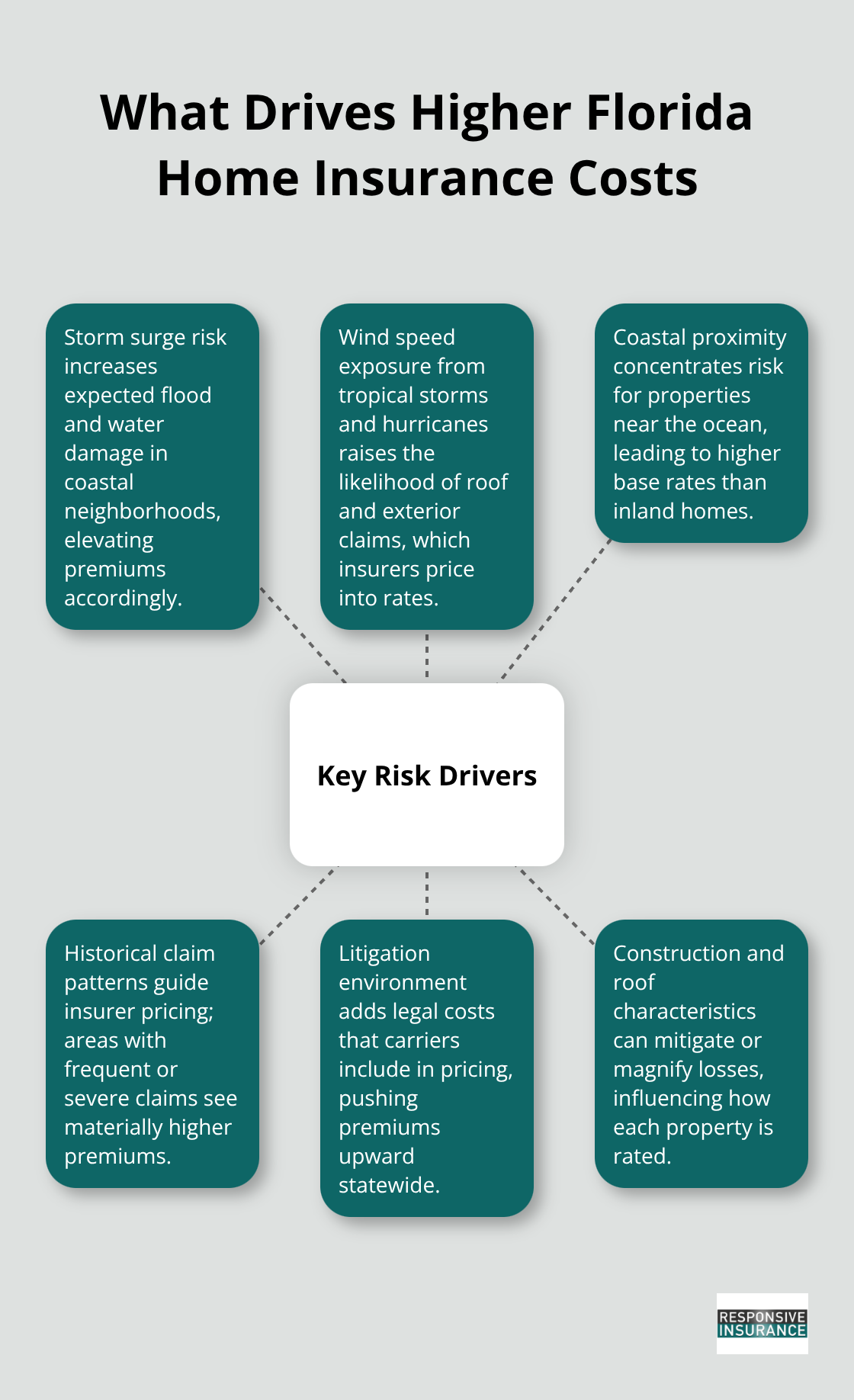 Hub-and-spoke chart showing the main risk drivers that raise Florida homeowners insurance premiums. - average cost of homeowners insurance in florida