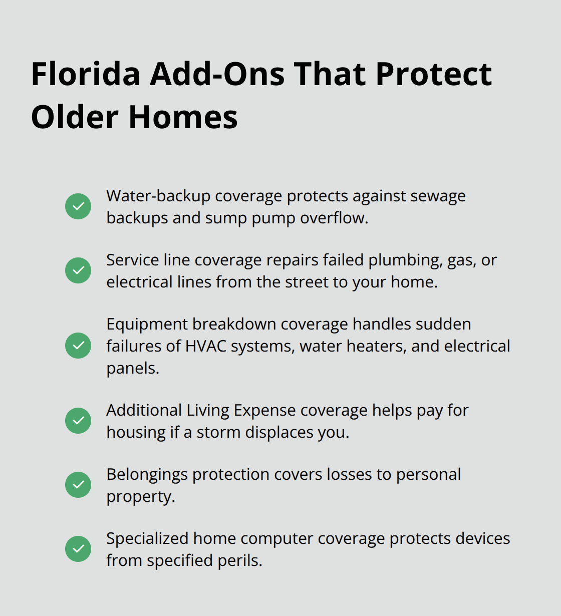 Checklist of Florida-specific coverages to reduce risk for aging homes - home insurance for older homes in florida