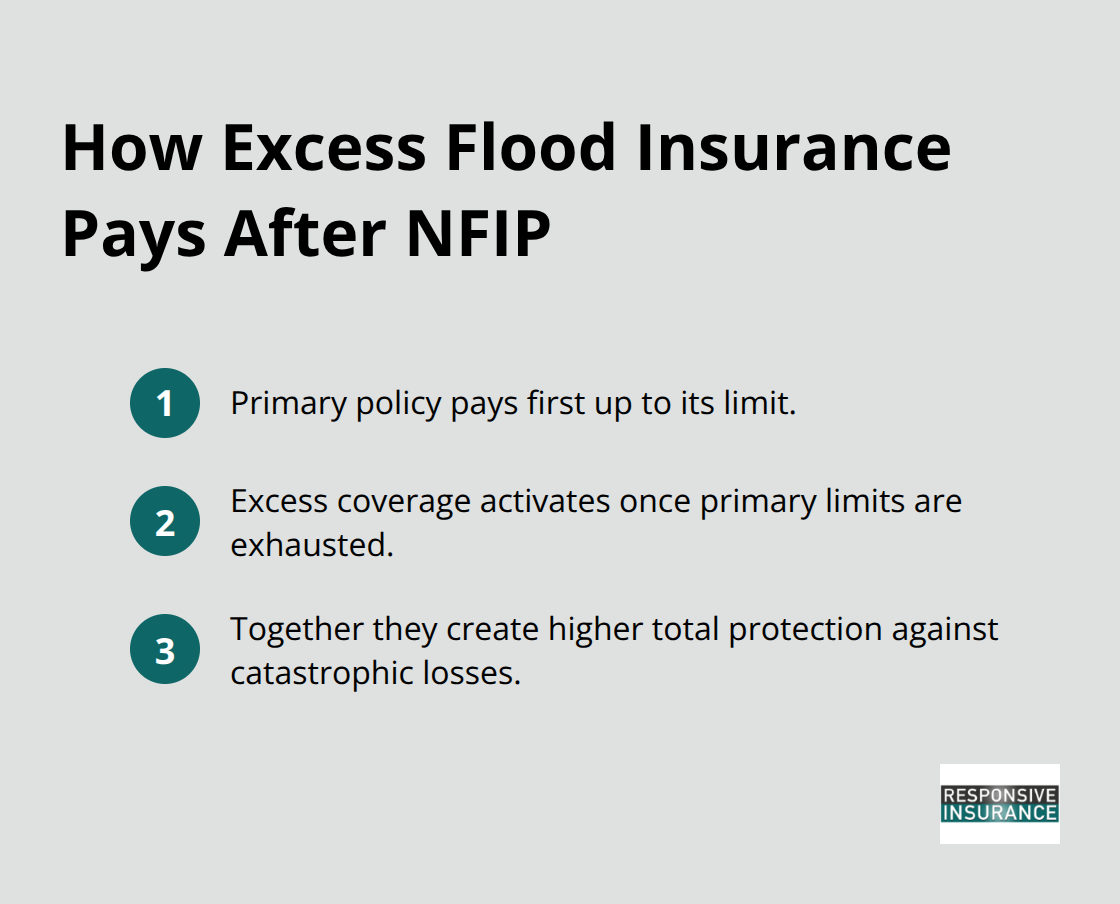 Visual summary showing how excess flood insurance layers on top of a primary NFIP policy - what is excess flood insurance